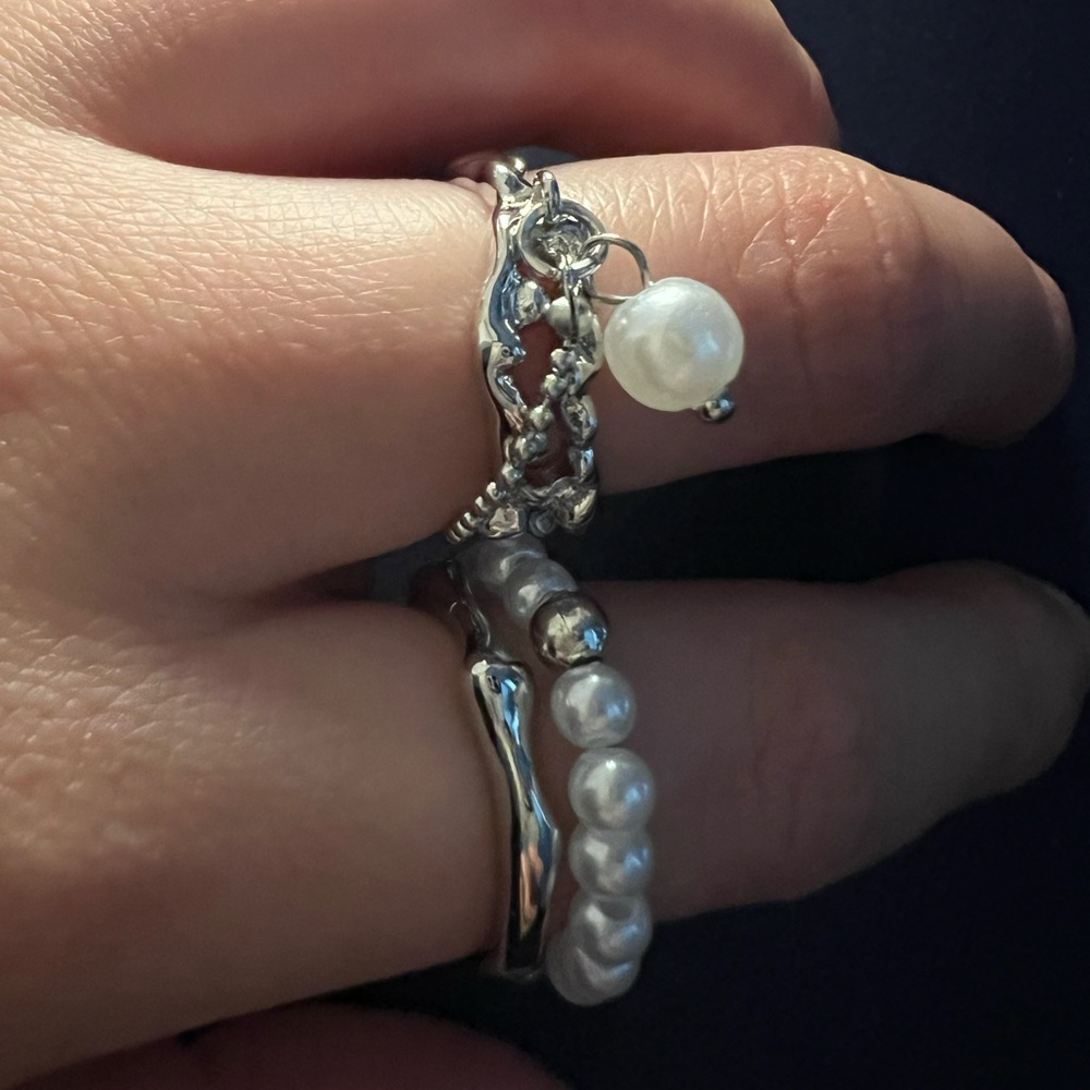 2pcs Faux Pearl & Chain Decor Cuff Ring